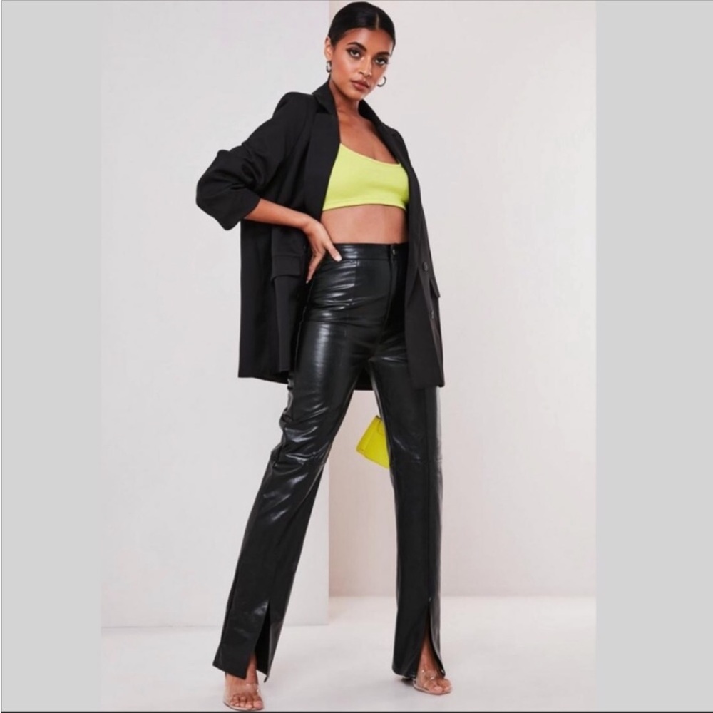Missguided Petite black faux leather split front pants